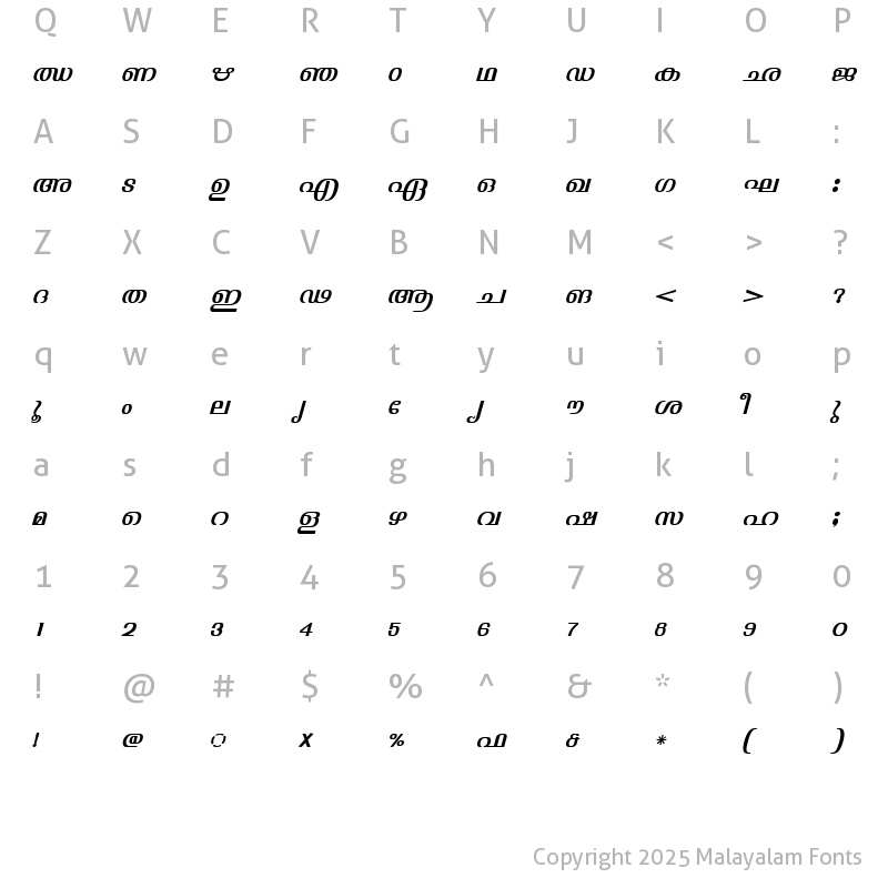 Character Map of ML-TTJyothy Italic