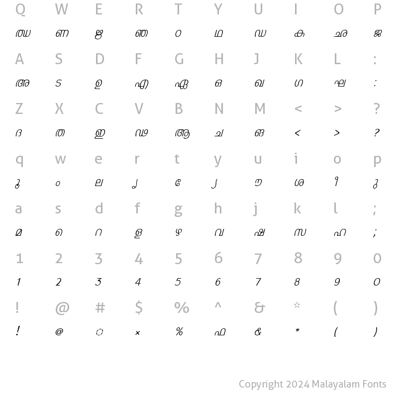 Character Map of ML-TTLeela Italic