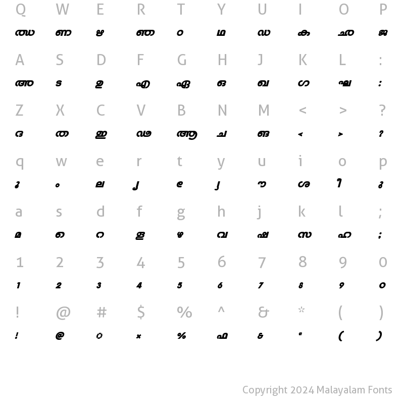 Character Map of ML-TTVeenaHeavy Italic