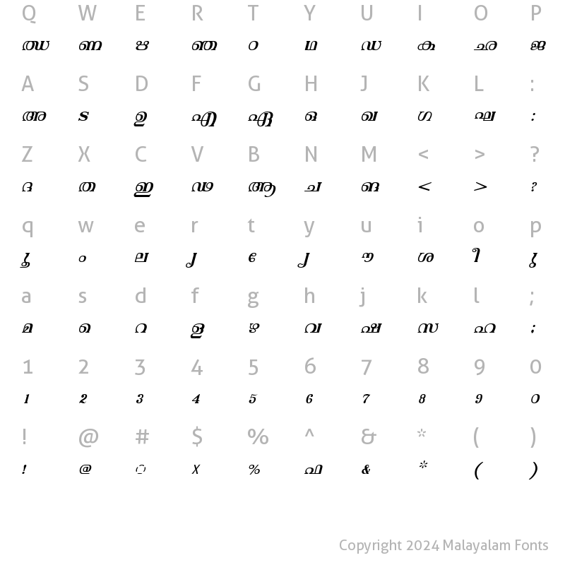 Character Map of ML-TTVishu Italic